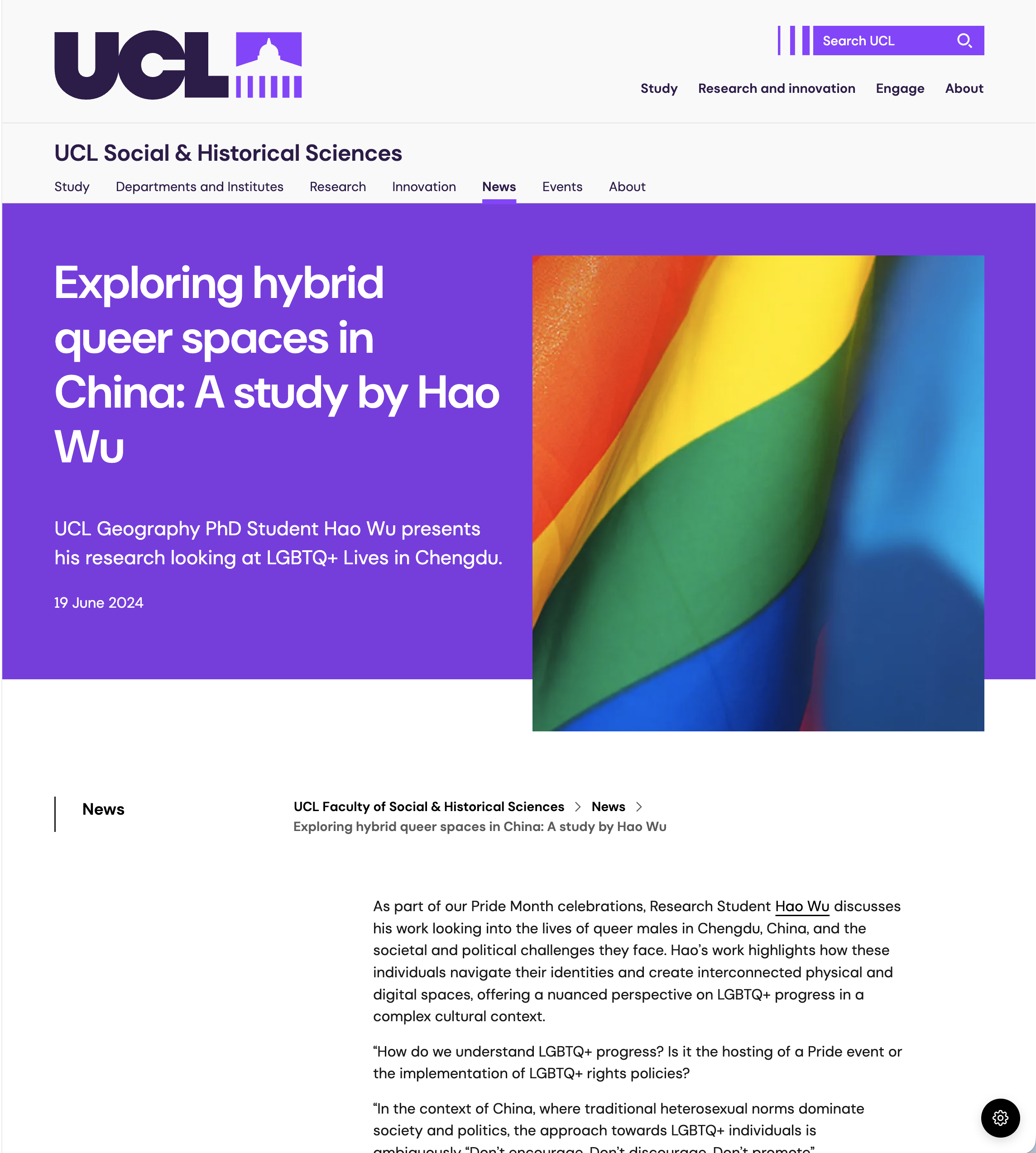 UCL research news article about Hao Wu's study of hybrid queer spaces in China